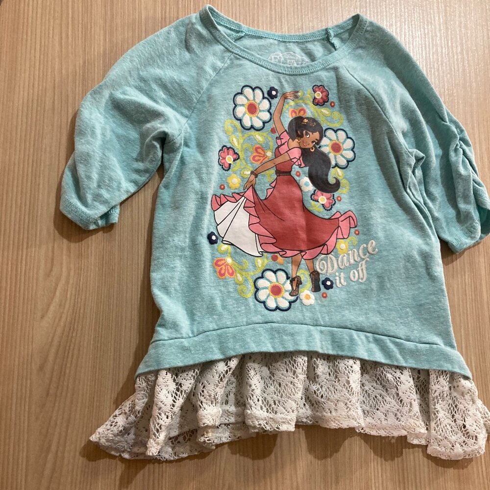 Disney Elena of Avalor Shirt 4T Light Blue Lace Trim Dance It Off Graphic Cotton
